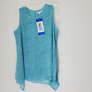 NWT Fever Blue/White High Low Blouse, Size Large